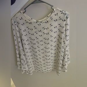 Loft long sleeve white top with black design and bell sleeve